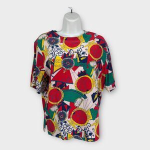 Vintage colorful preppy novelty nautical print silk boxy career blouse small
